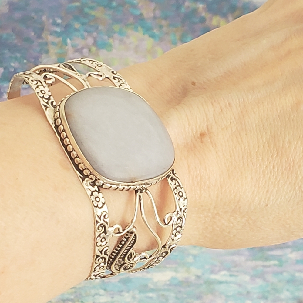 Angelite Gemstone Adjustable 925 Stamped Silver Bracelet, New, Grey Blue, Handmd - Picture 7 of 13